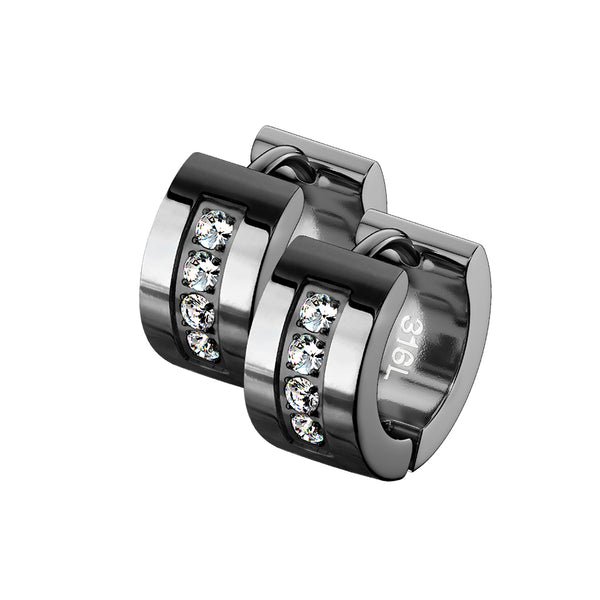 Pair of 4 CNC Set Clear CZ Stainless Steel Hinge Action Hoop Earrings