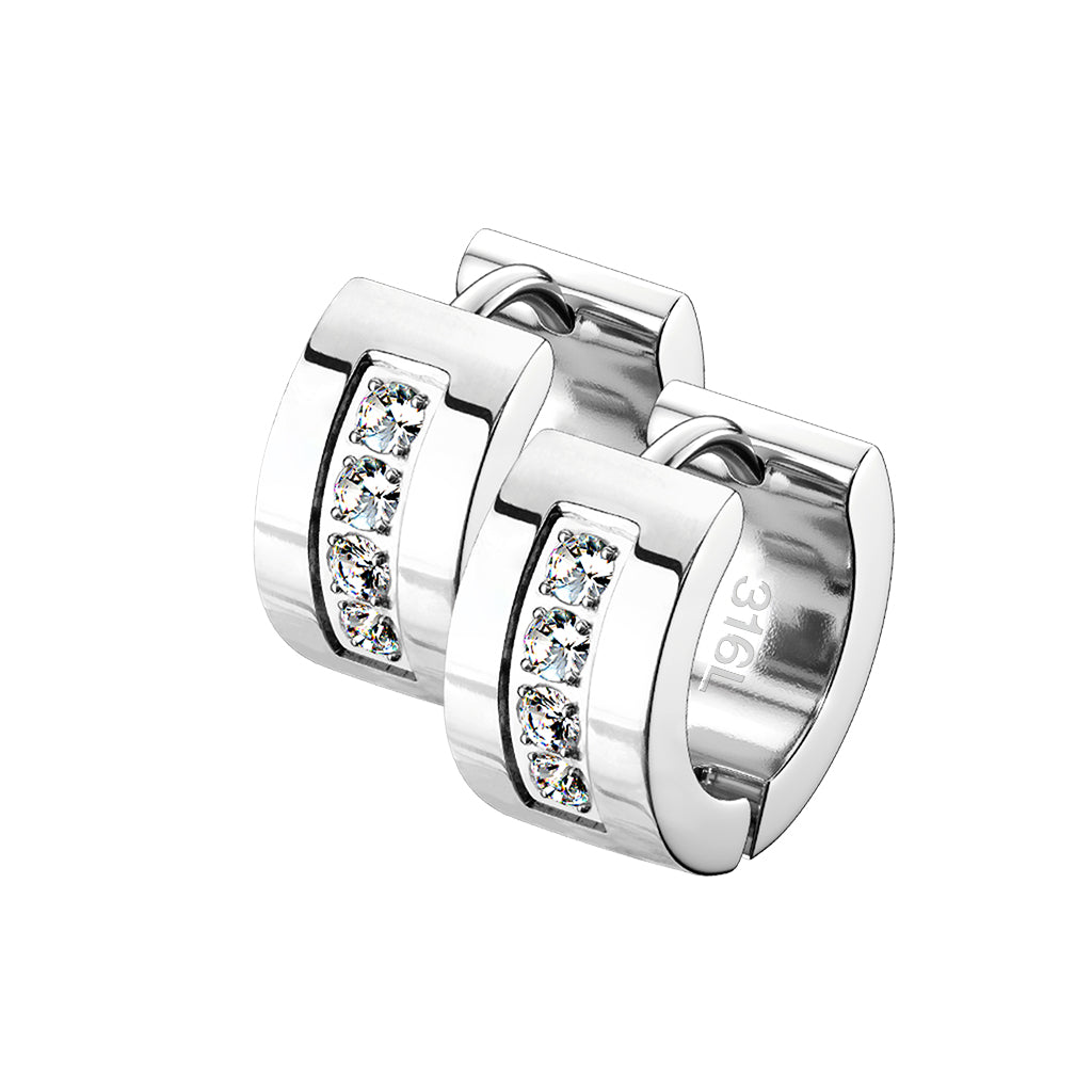 Pair of 4 CNC Set Clear CZ Stainless Steel Hinge Action Hoop Earrings - Pic&Mix The Body Jewellery Shop