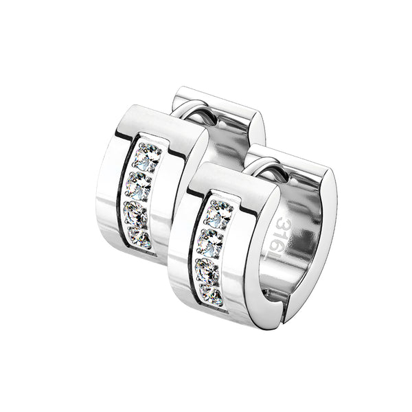 Pair of 4 CNC Set Clear CZ Stainless Steel Hinge Action Hoop Earrings