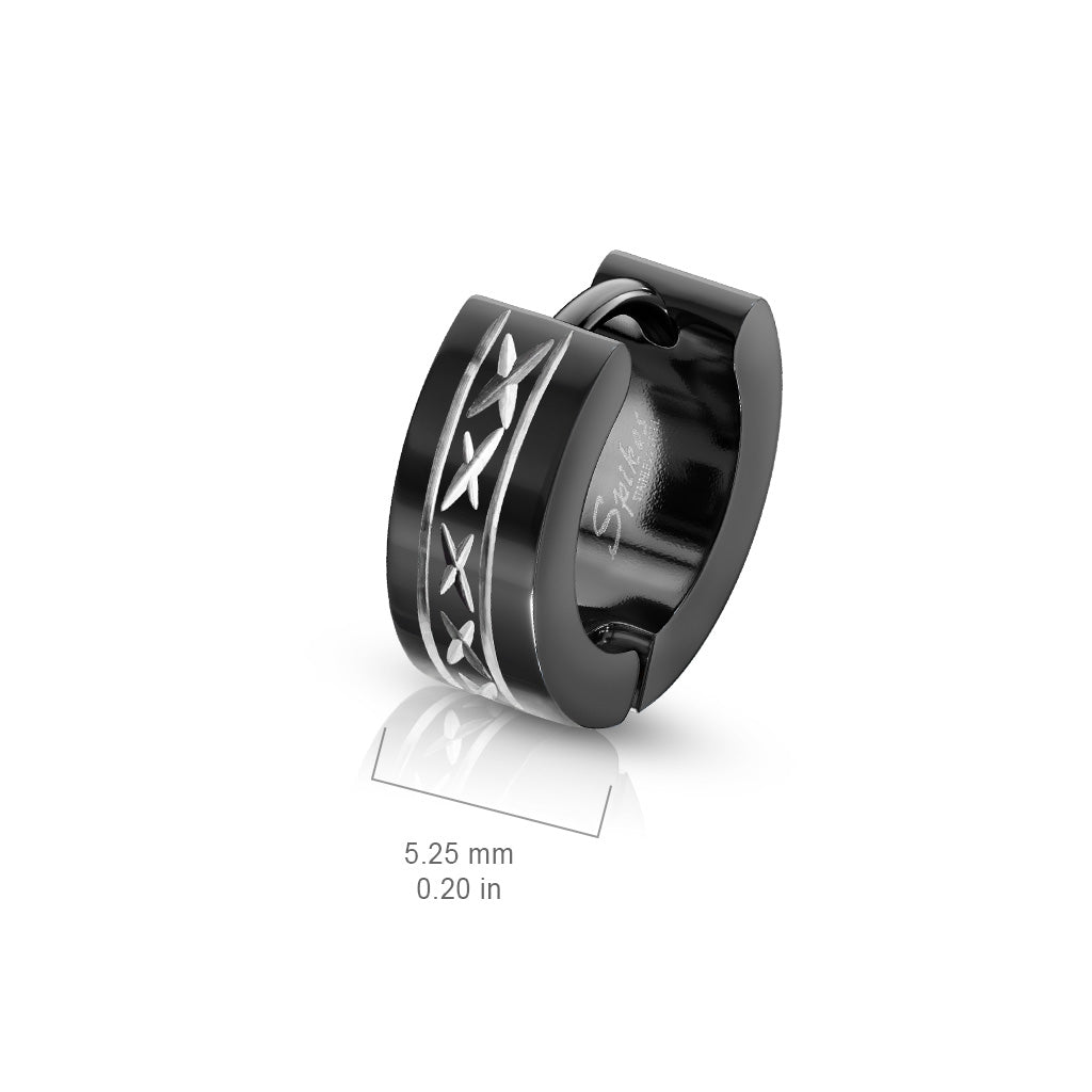 Black 316L Surgical Stainless Steel Wide Hinged Hoop Earrings – Dia-Cut Grooved Centre Design (Pair) - Pic&Mix The Body Jewellery Shop