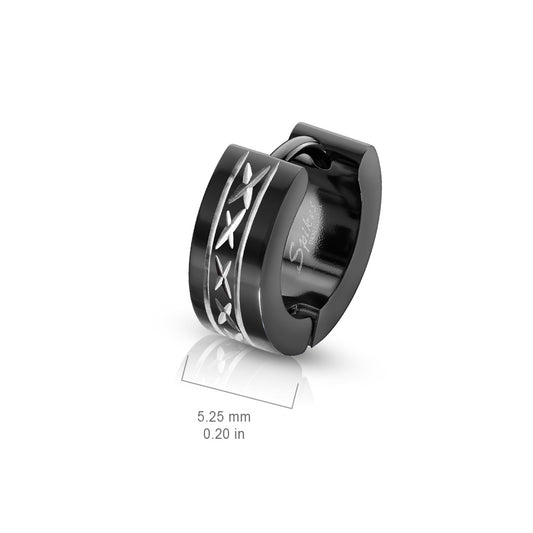 Black 316L Surgical Stainless Steel Wide Hinged Hoop Earrings – Dia-Cut Grooved Centre Design (Pair) - Pic&Mix The Body Jewellery Shop