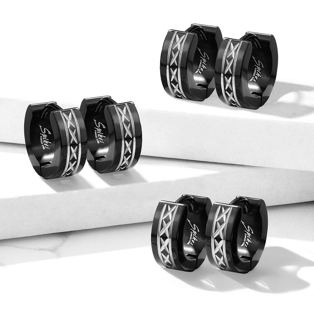 Black 316L Surgical Stainless Steel Wide Hinged Hoop Earrings – Dia-Cut Grooved Centre Design (Pair) - Pic&Mix The Body Jewellery Shop