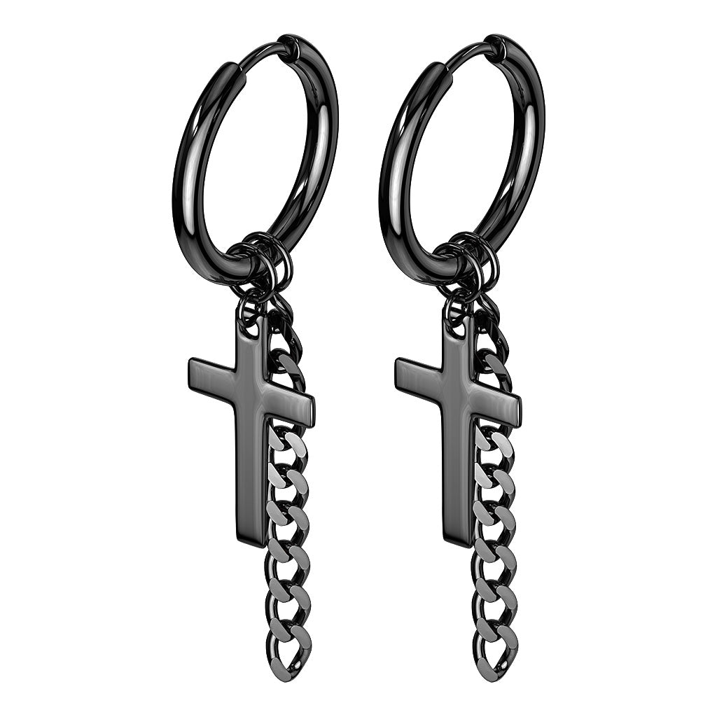 316L Surgical Stainless Steel Cross & Chain Dangle Seamless Hinged Hoop Earrings – Hypoallergenic Piercing Jewellery (Pair) - Pic&Mix The Body Jewellery Shop