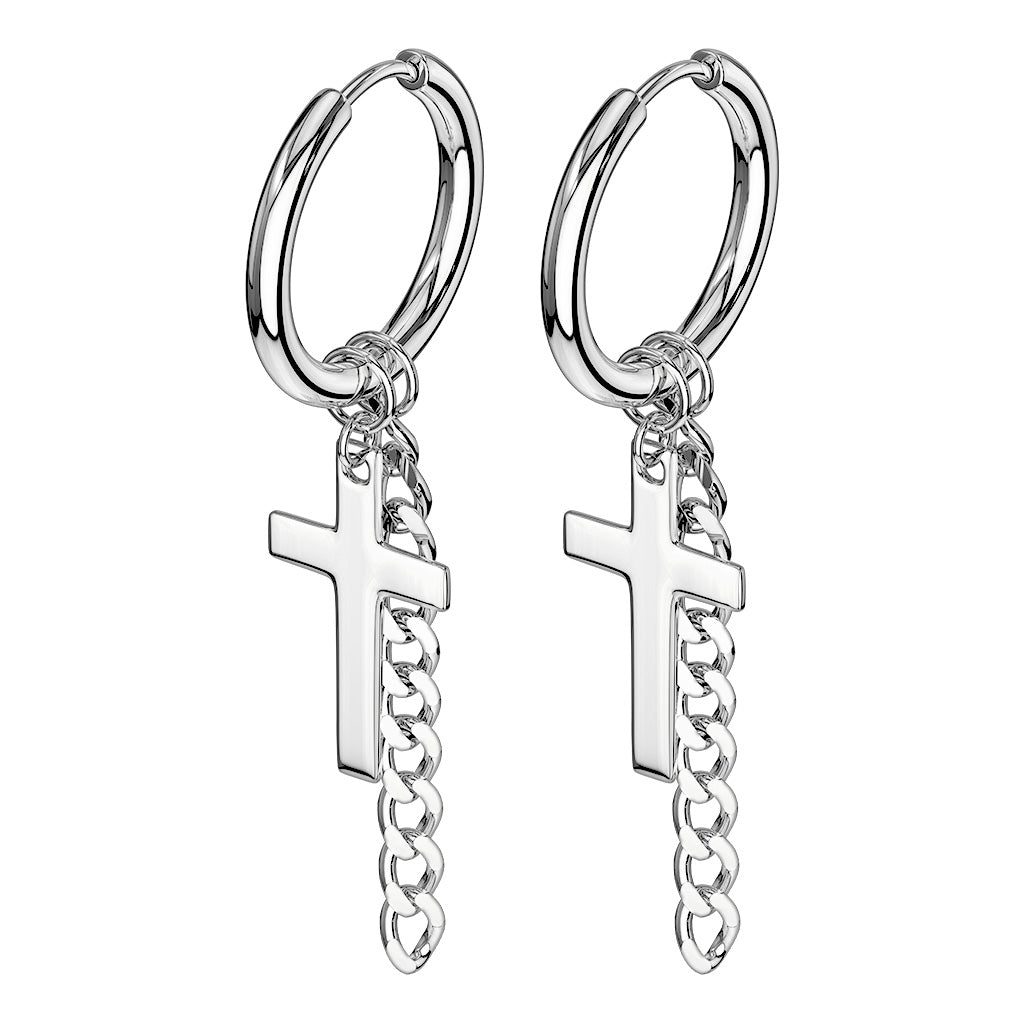 316L Surgical Stainless Steel Cross & Chain Dangle Seamless Hinged Hoop Earrings – Hypoallergenic Piercing Jewellery (Pair) - Pic&Mix The Body Jewellery Shop
