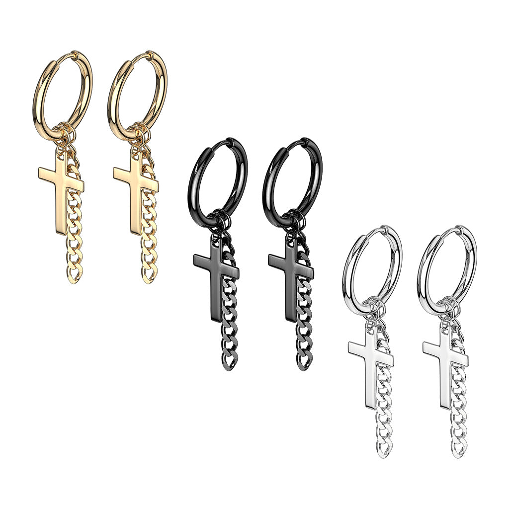 316L Surgical Stainless Steel Cross & Chain Dangle Seamless Hinged Hoop Earrings – Hypoallergenic Piercing Jewellery (Pair) - Pic&Mix The Body Jewellery Shop