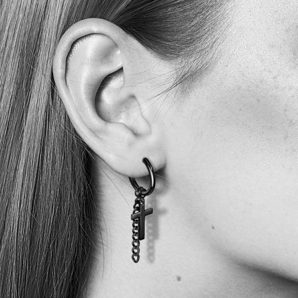 316L Surgical Stainless Steel Cross & Chain Dangle Seamless Hinged Hoop Earrings – Hypoallergenic Piercing Jewellery (Pair) - Pic&Mix The Body Jewellery Shop