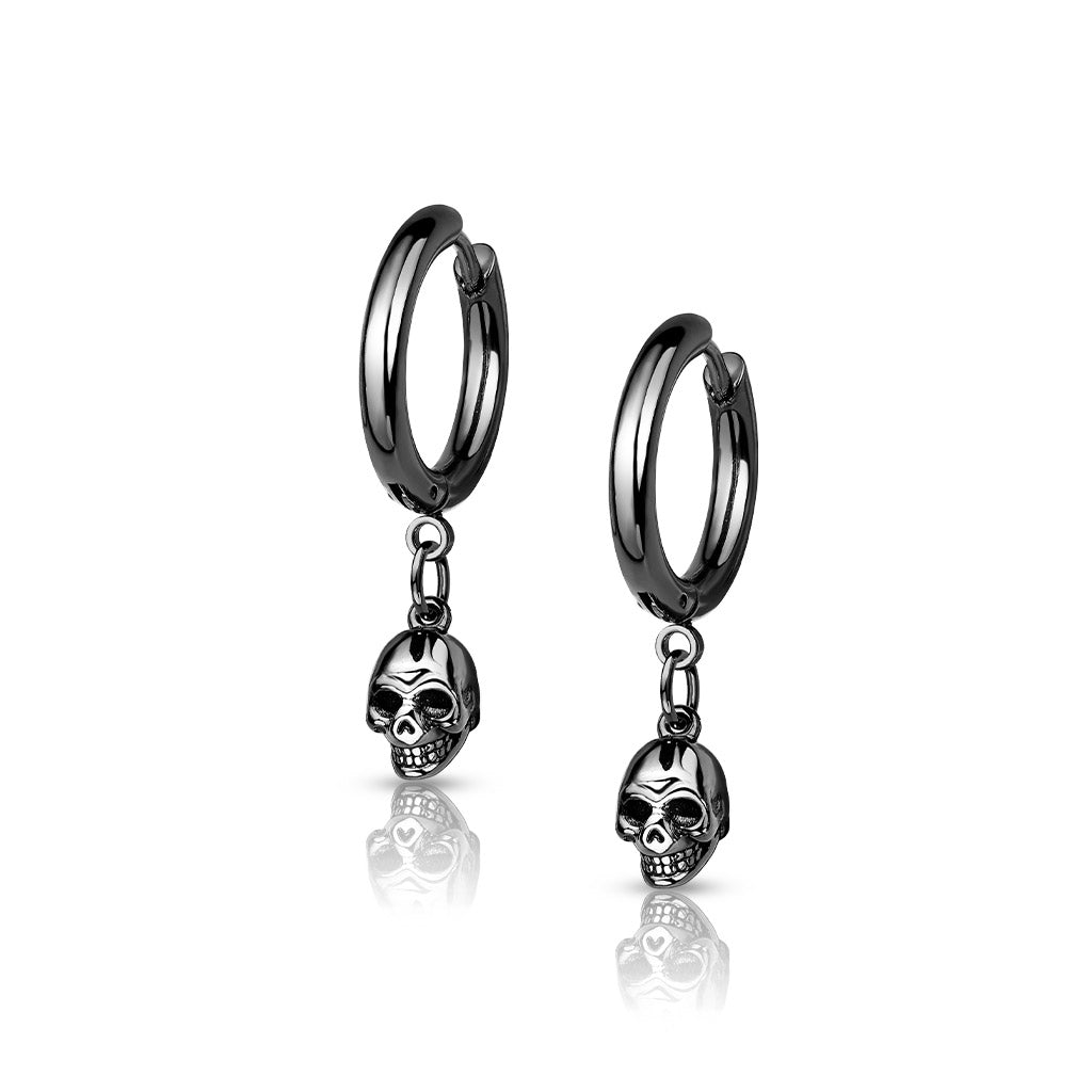 316L Surgical Stainless Steel Skull Dangle Hoop Earrings – Hypoallergenic Piercing Jewellery (Pair) - Pic&Mix The Body Jewellery Shop