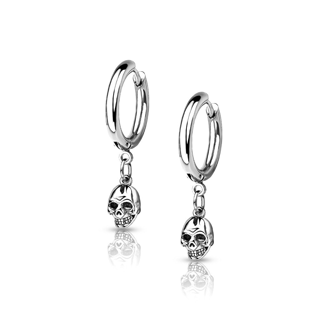 316L Surgical Stainless Steel Skull Dangle Hoop Earrings – Hypoallergenic Piercing Jewellery (Pair) - Pic&Mix The Body Jewellery Shop