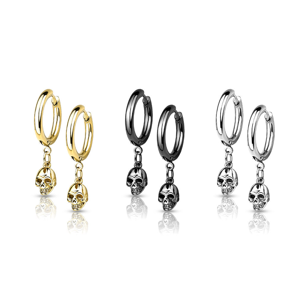 316L Surgical Stainless Steel Skull Dangle Hoop Earrings – Hypoallergenic Piercing Jewellery (Pair) - Pic&Mix The Body Jewellery Shop