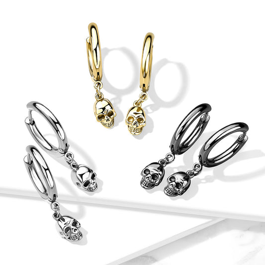 316L Surgical Stainless Steel Skull Dangle Hoop Earrings – Hypoallergenic Piercing Jewellery (Pair) - Pic&Mix The Body Jewellery Shop