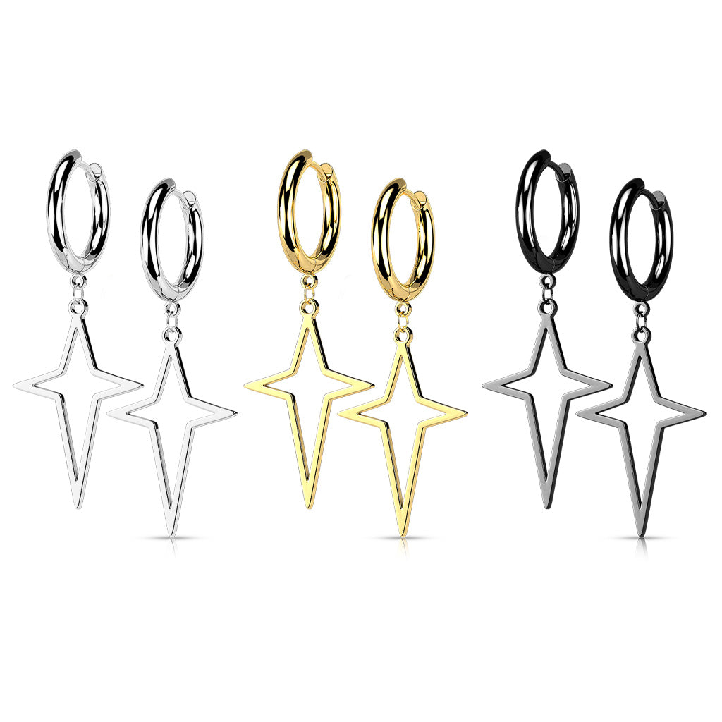 316L Surgical Stainless Steel Star & Cross Dangle Hoop Earrings – Hypoallergenic Piercing Jewellery (Pair) - Pic&Mix The Body Jewellery Shop