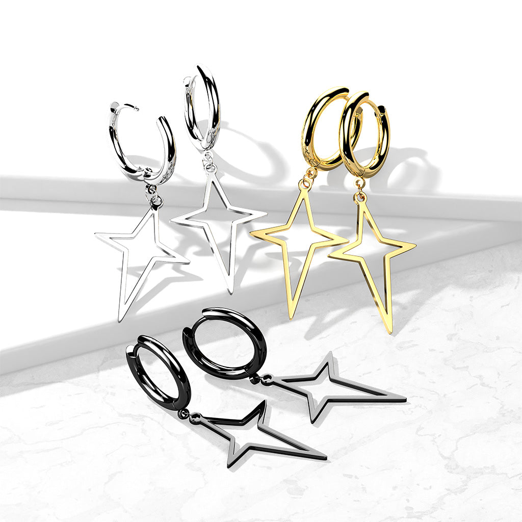 316L Surgical Stainless Steel Star & Cross Dangle Hoop Earrings – Hypoallergenic Piercing Jewellery (Pair) - Pic&Mix The Body Jewellery Shop