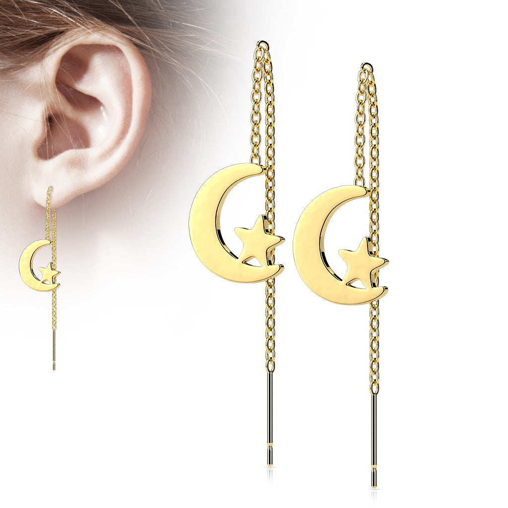 316L Surgical Stainless Steel Moon &amp; Star Threader Earrings – Free Falling Dangle Design (Pair) - Pic&Mix The Body Jewellery Shop