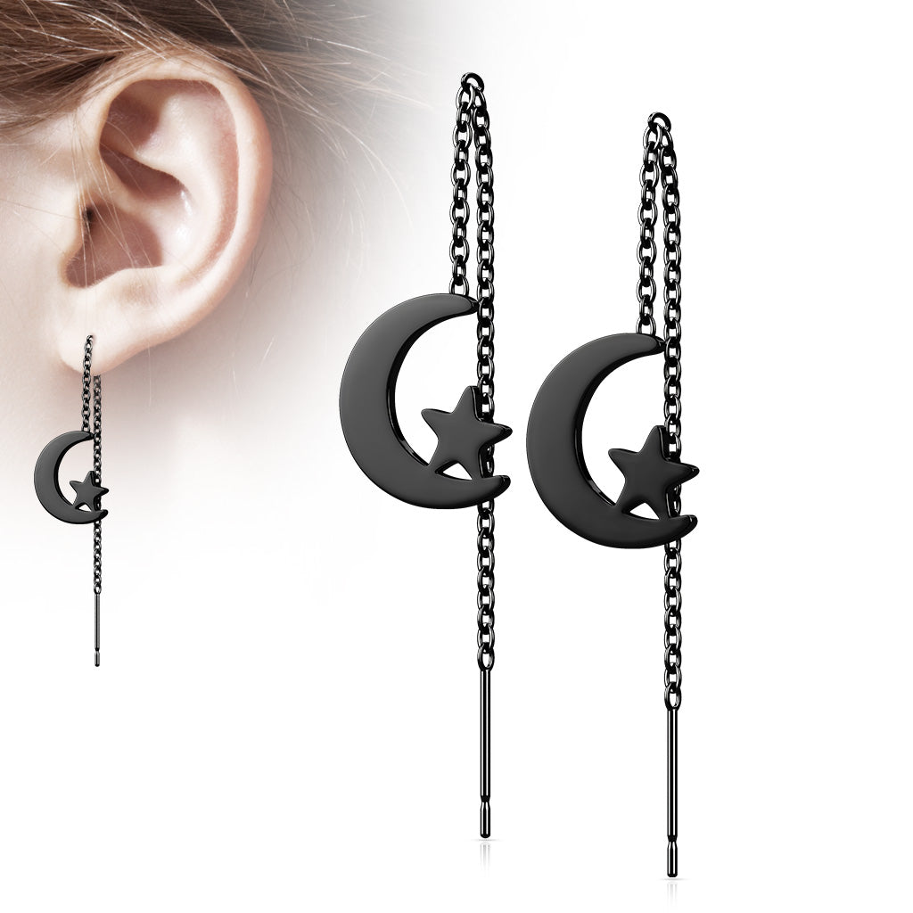 316L Surgical Stainless Steel Moon &amp; Star Threader Earrings – Free Falling Dangle Design (Pair) - Pic&Mix The Body Jewellery Shop