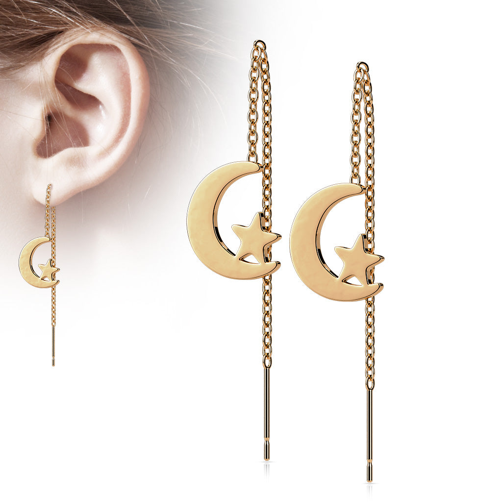 316L Surgical Stainless Steel Moon &amp; Star Threader Earrings – Free Falling Dangle Design (Pair) - Pic&Mix The Body Jewellery Shop