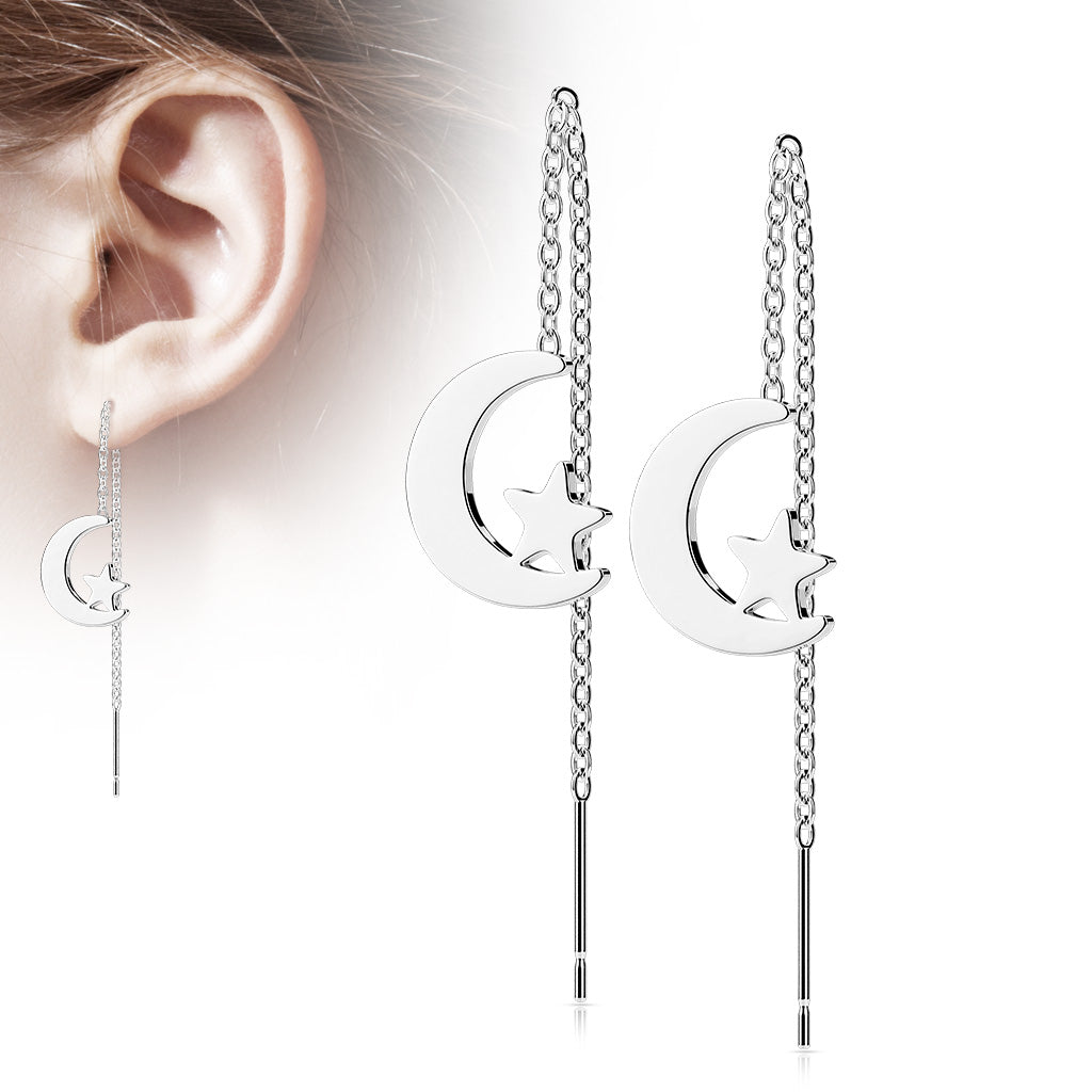 316L Surgical Stainless Steel Moon &amp; Star Threader Earrings – Free Falling Dangle Design (Pair) - Pic&Mix The Body Jewellery Shop
