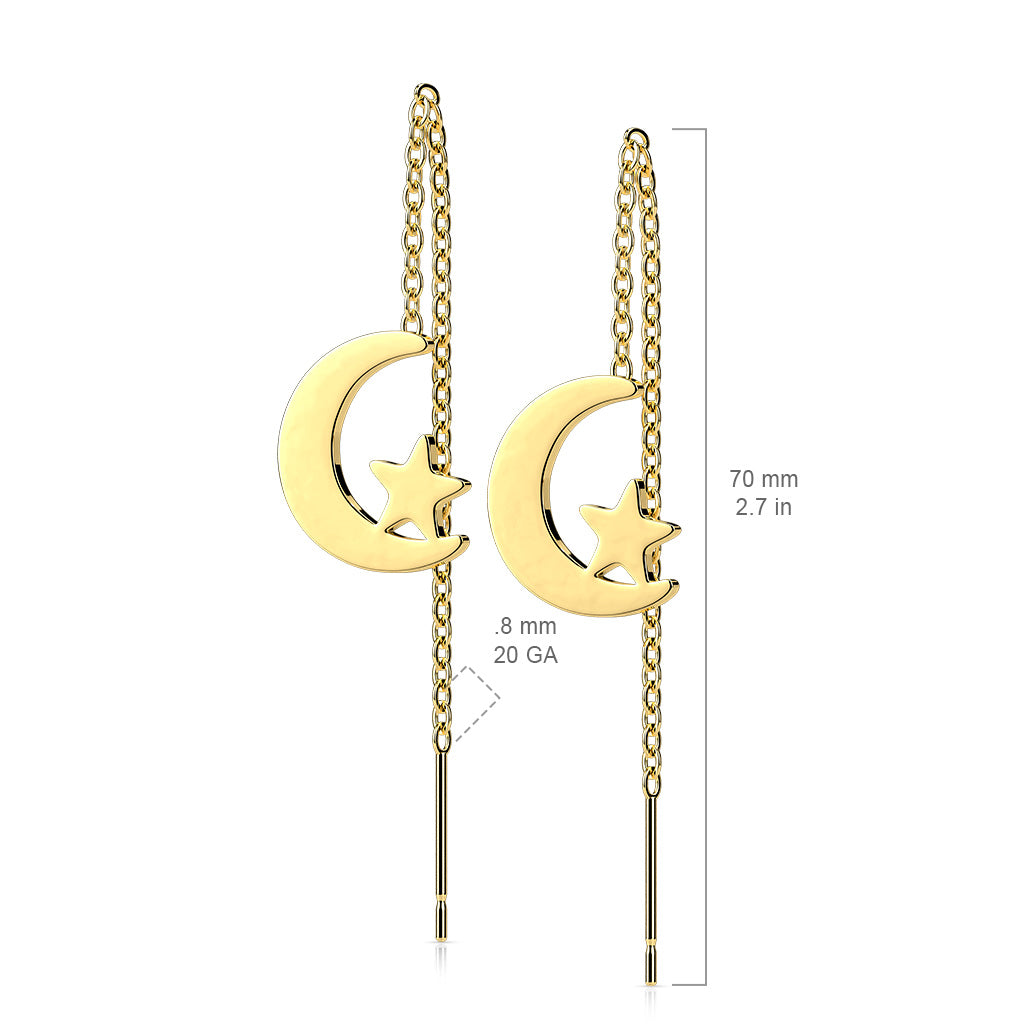 316L Surgical Stainless Steel Moon &amp; Star Threader Earrings – Free Falling Dangle Design (Pair) - Pic&Mix The Body Jewellery Shop