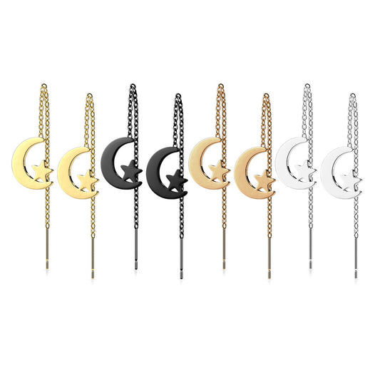 316L Surgical Stainless Steel Moon &amp; Star Threader Earrings – Free Falling Dangle Design (Pair) - Pic&Mix The Body Jewellery Shop