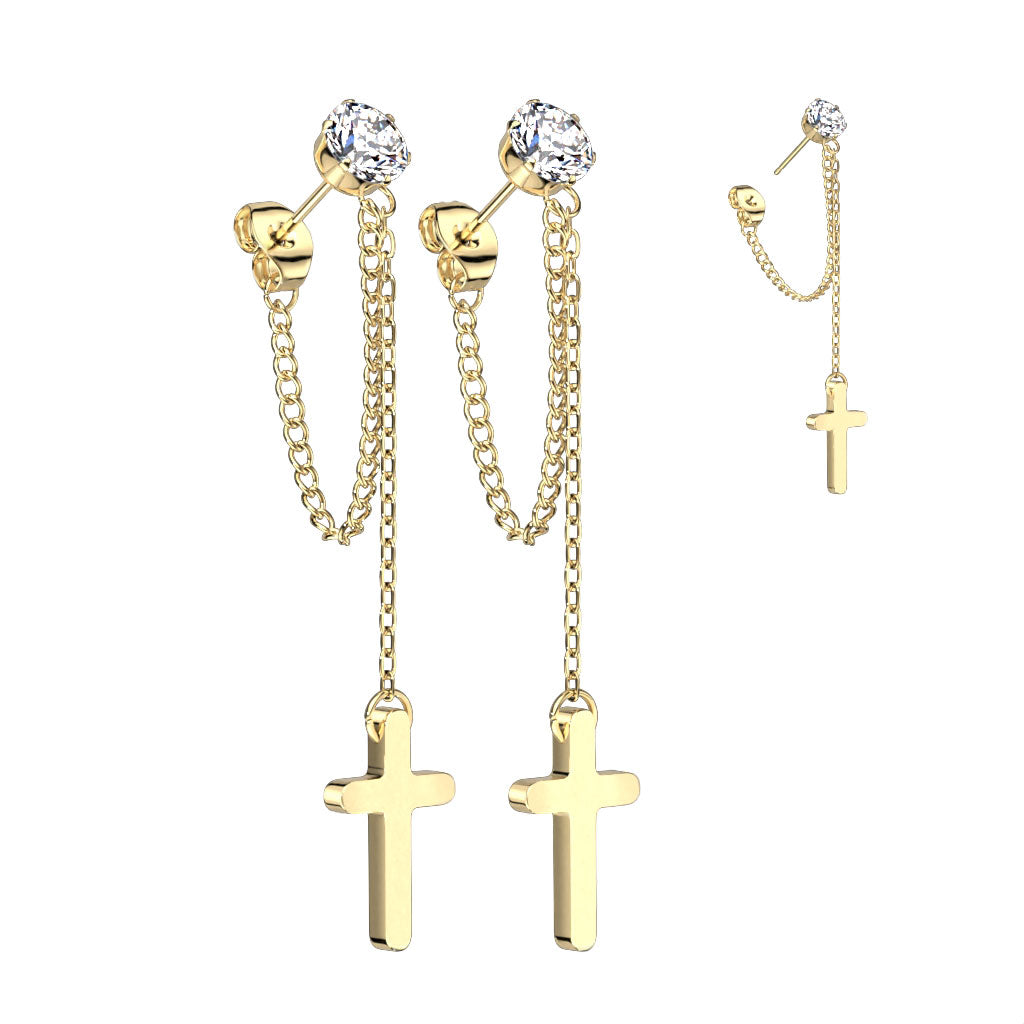 316L Surgical Stainless Steel CZ Stud Earrings with Chain Link & Cross Dangle – Hypoallergenic Piercing Jewellery (Pair) - Pic&Mix The Body Jewellery Shop