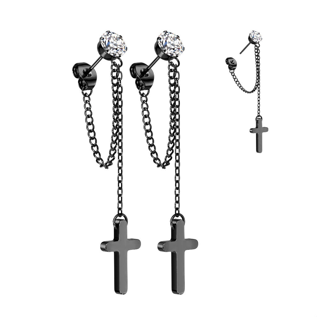 316L Surgical Stainless Steel CZ Stud Earrings with Chain Link & Cross Dangle – Hypoallergenic Piercing Jewellery (Pair) - Pic&Mix The Body Jewellery Shop