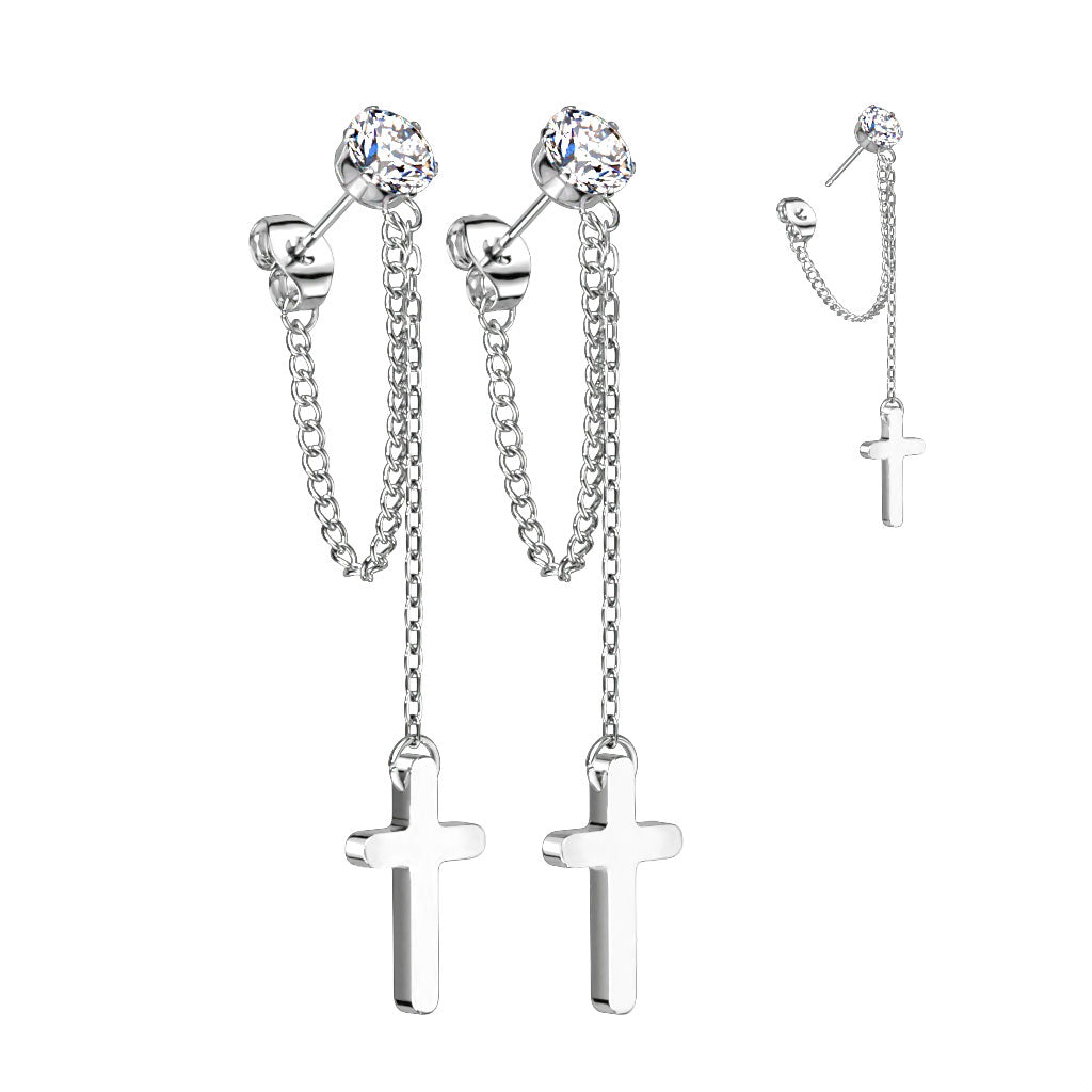 316L Surgical Stainless Steel CZ Stud Earrings with Chain Link & Cross Dangle – Hypoallergenic Piercing Jewellery (Pair) - Pic&Mix The Body Jewellery Shop