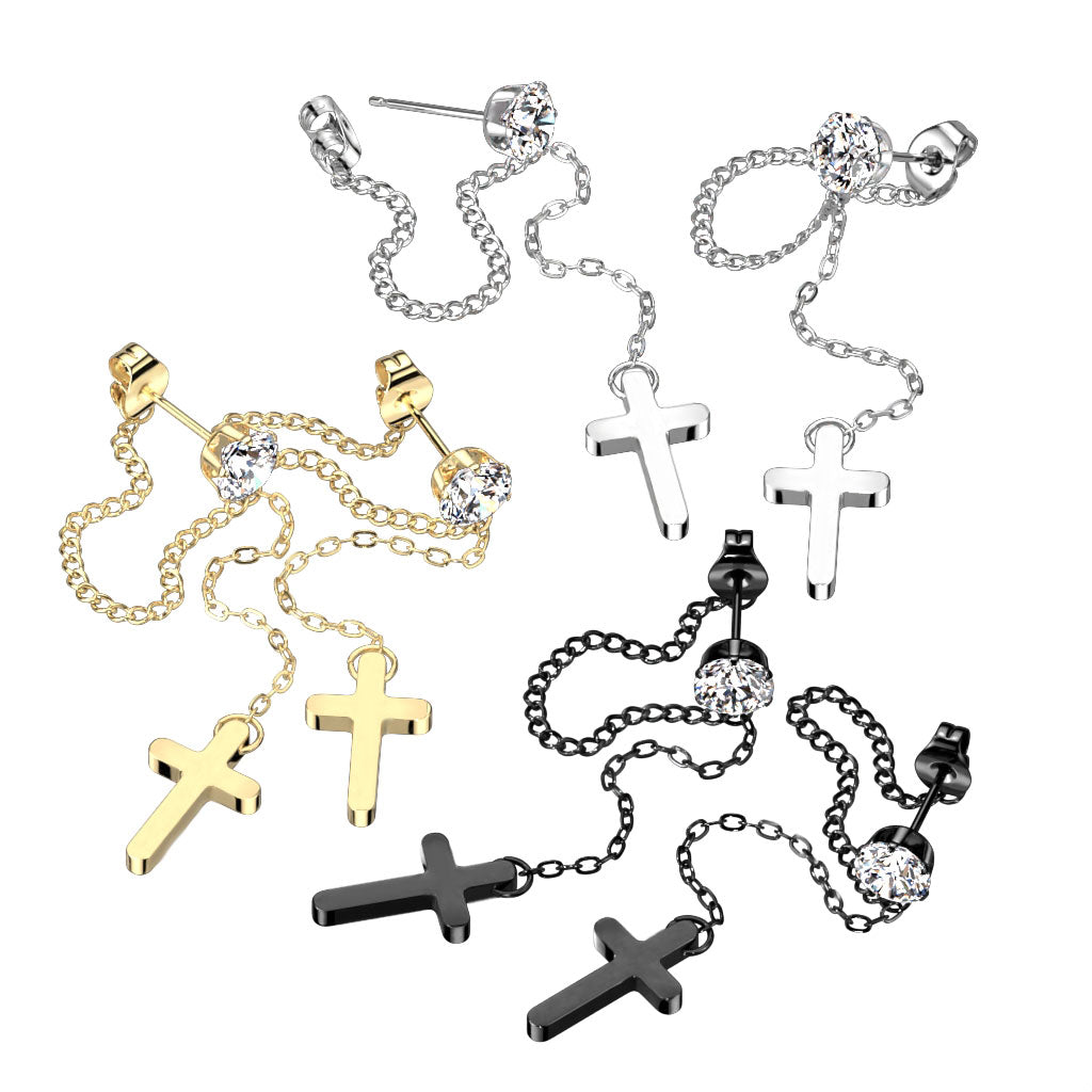 316L Surgical Stainless Steel CZ Stud Earrings with Chain Link & Cross Dangle – Hypoallergenic Piercing Jewellery (Pair) - Pic&Mix The Body Jewellery Shop