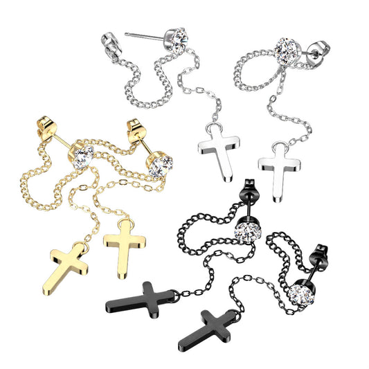 316L Surgical Stainless Steel CZ Stud Earrings with Chain Link & Cross Dangle – Hypoallergenic Piercing Jewellery (Pair) - Pic&Mix The Body Jewellery Shop