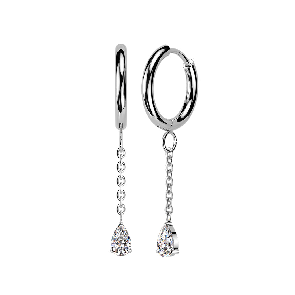 316L Surgical Stainless Steel Teardrop CZ Dangle Hinged Hoop Earrings – Hypoallergenic Piercing Jewellery (Pair) - Pic&Mix The Body Jewellery Shop