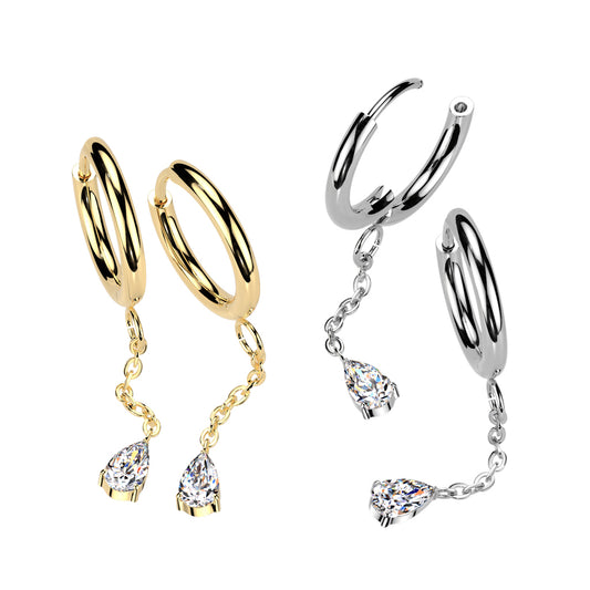316L Surgical Stainless Steel Teardrop CZ Dangle Hinged Hoop Earrings – Hypoallergenic Piercing Jewellery (Pair) - Pic&Mix The Body Jewellery Shop