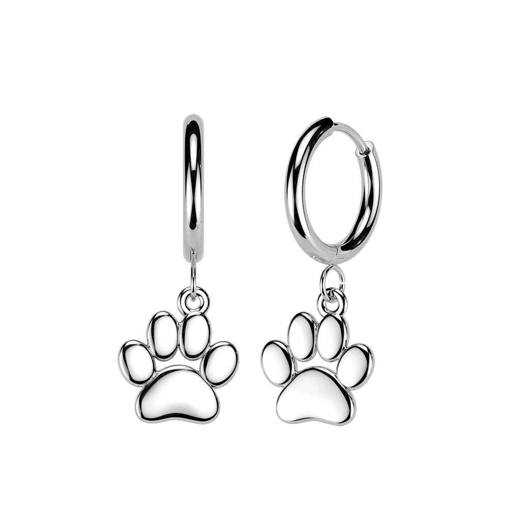 Pair of 316L Stainless Steel Hinged Hoop Earrings With Paw Dangle