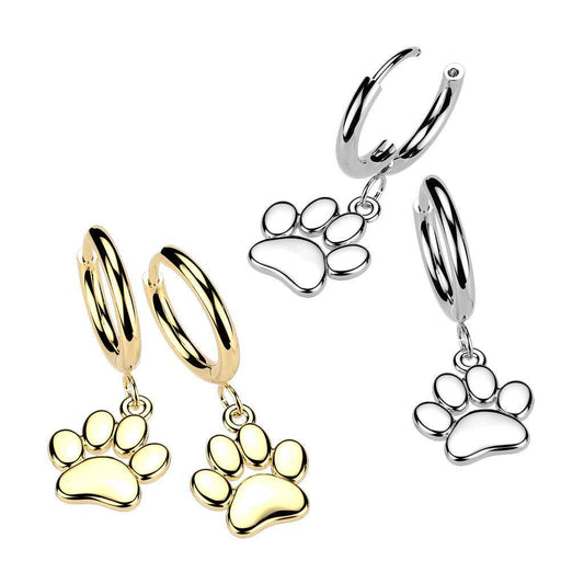 Pair of 316L Stainless Steel Hinged Hoop Earrings With Paw Dangle