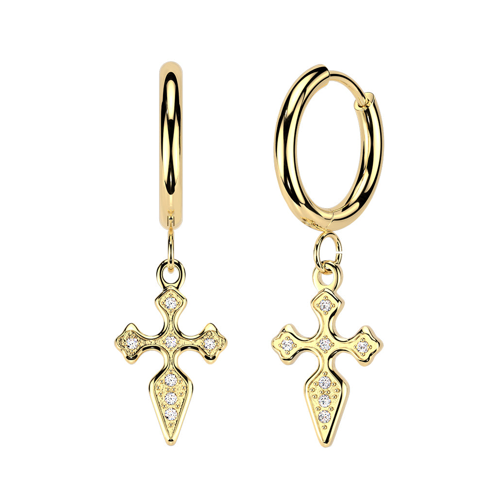 316L Pair of Hinged Hoop Earrings With Pave CZ Cross Dangle - Pic&Mix The Body Jewellery Shop