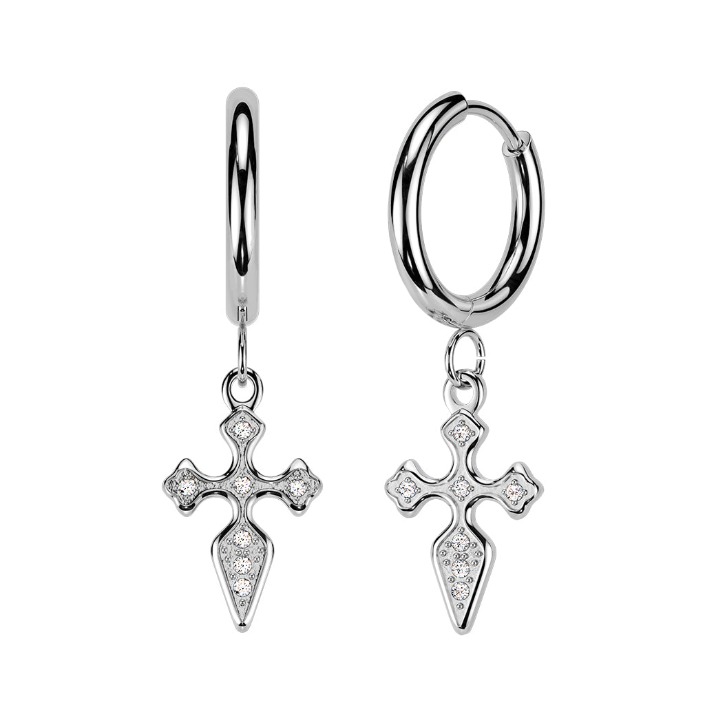 316L Pair of Hinged Hoop Earrings With Pave CZ Cross Dangle - Pic&Mix The Body Jewellery Shop