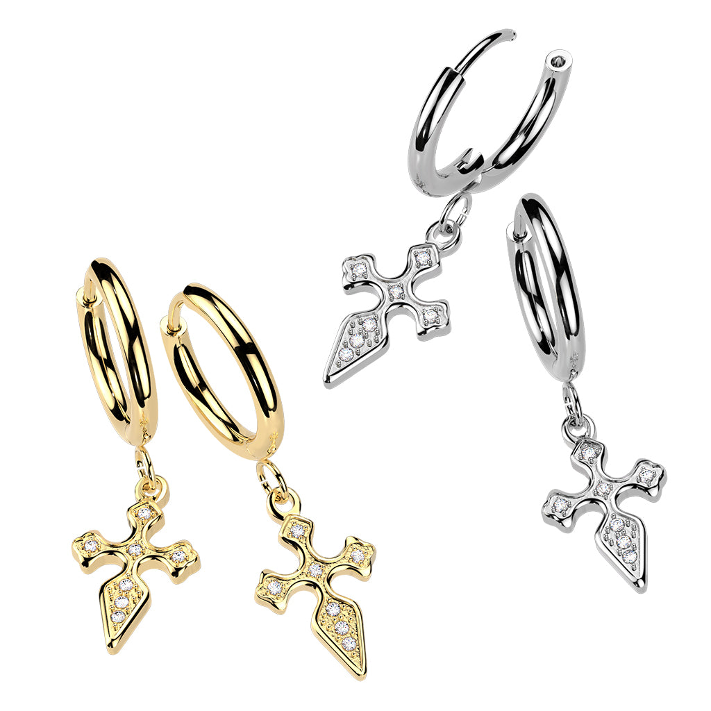 316L Pair of Hinged Hoop Earrings With Pave CZ Cross Dangle - Pic&Mix The Body Jewellery Shop