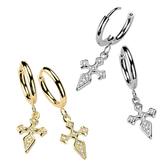 316L Pair of Hinged Hoop Earrings With Pave CZ Cross Dangle - Pic&Mix The Body Jewellery Shop
