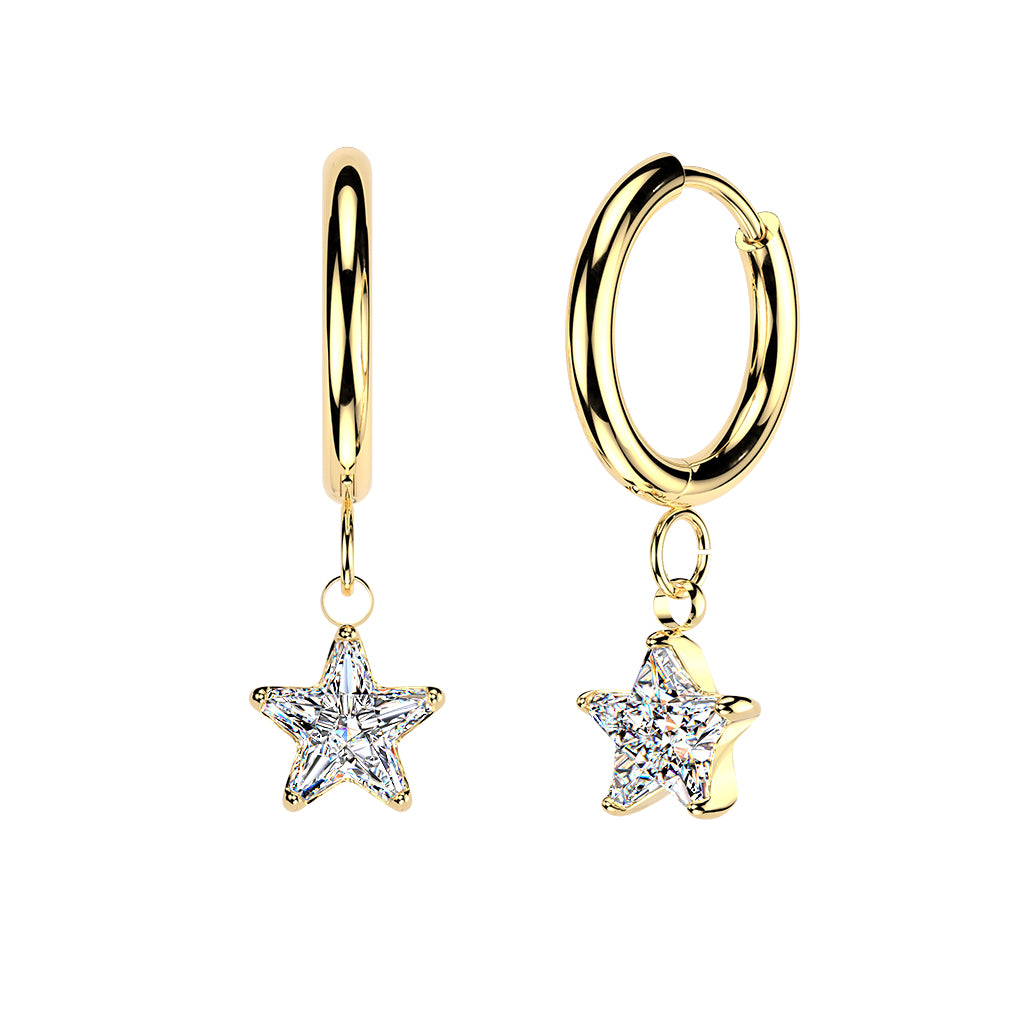 316L Pair of Huggie Hinged Hoop Earrings With Star CZ Dangles - Pic&Mix The Body Jewellery Shop