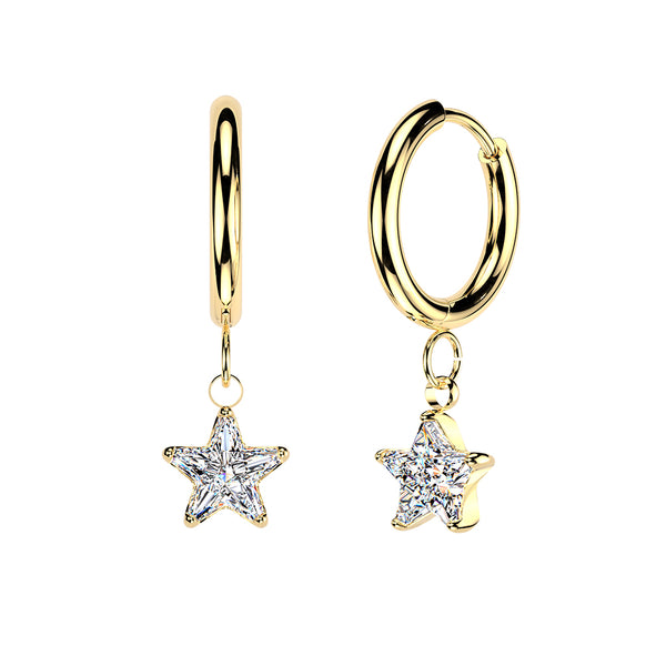 316L Pair of Huggie Hinged Hoop Earrings With Star CZ Dangles