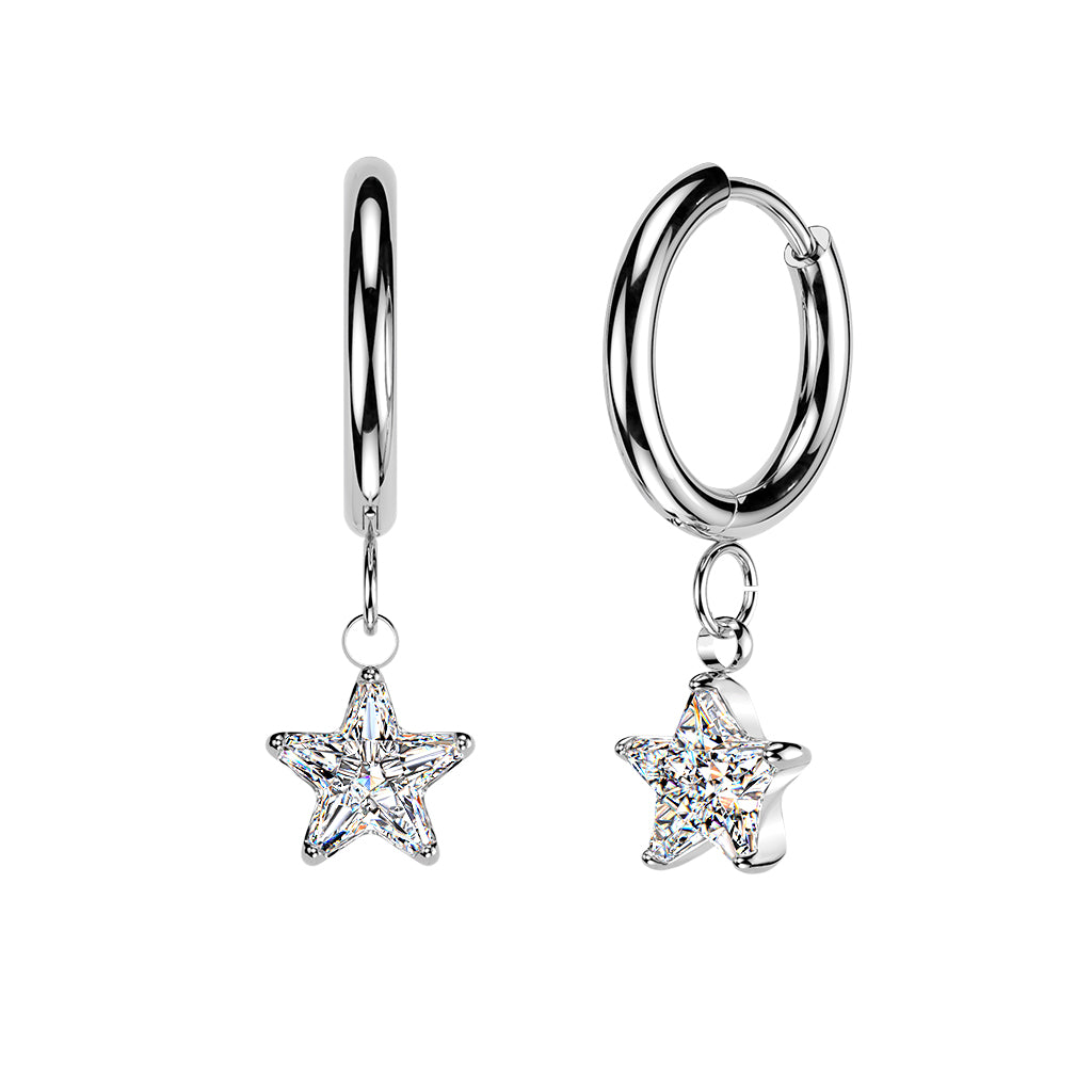 316L Pair of Huggie Hinged Hoop Earrings With Star CZ Dangles - Pic&Mix The Body Jewellery Shop