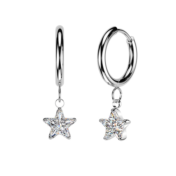 316L Pair of Huggie Hinged Hoop Earrings With Star CZ Dangles
