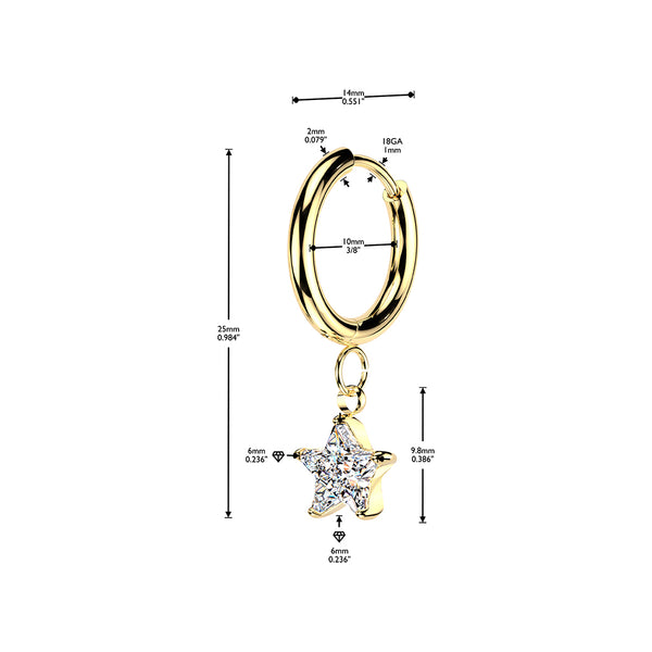 316L Pair of Huggie Hinged Hoop Earrings With Star CZ Dangles
