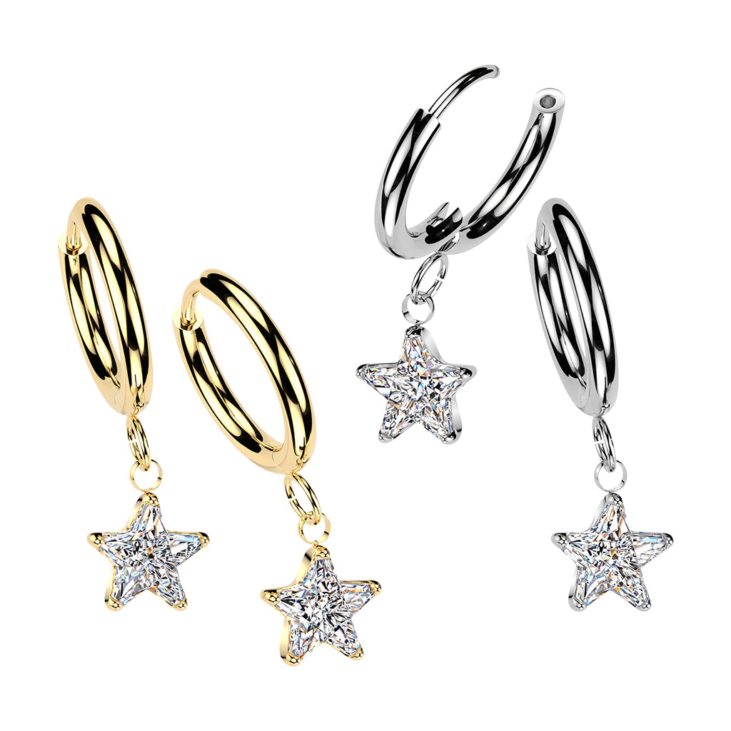 316L Pair of Huggie Hinged Hoop Earrings With Star CZ Dangles - Pic&Mix The Body Jewellery Shop