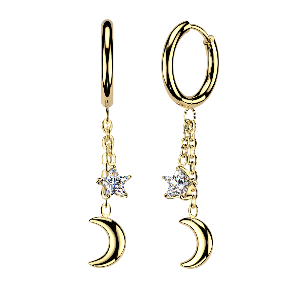316L Pair of Huggie Hoop Earrings With Moon and CZ Star Chain Dangle