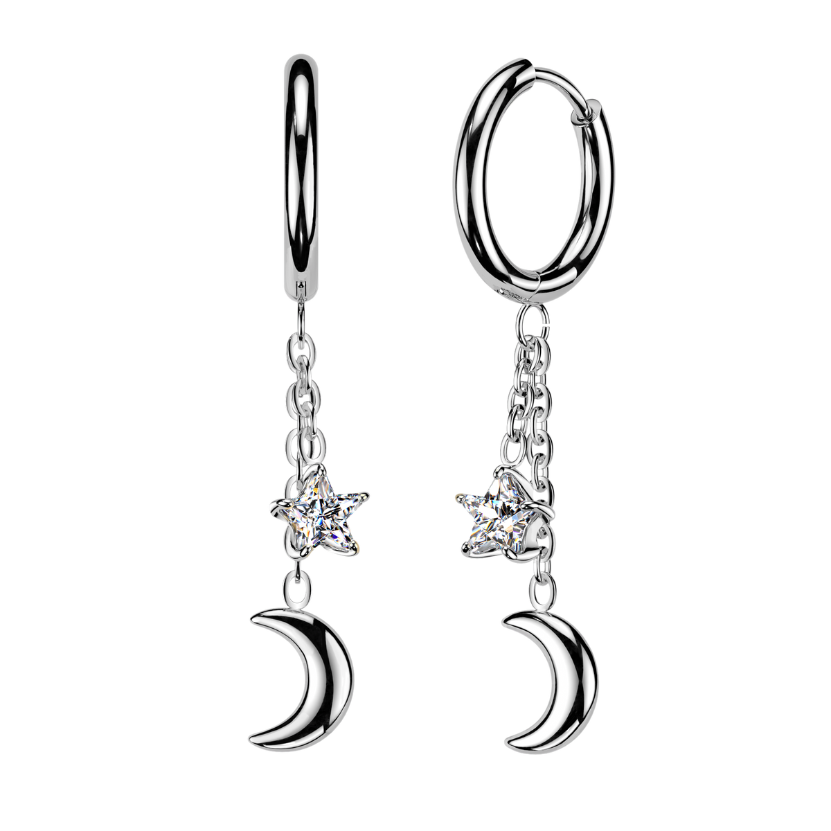 316L Pair of Huggie Hoop Earrings With Moon and CZ Star Chain Dangle