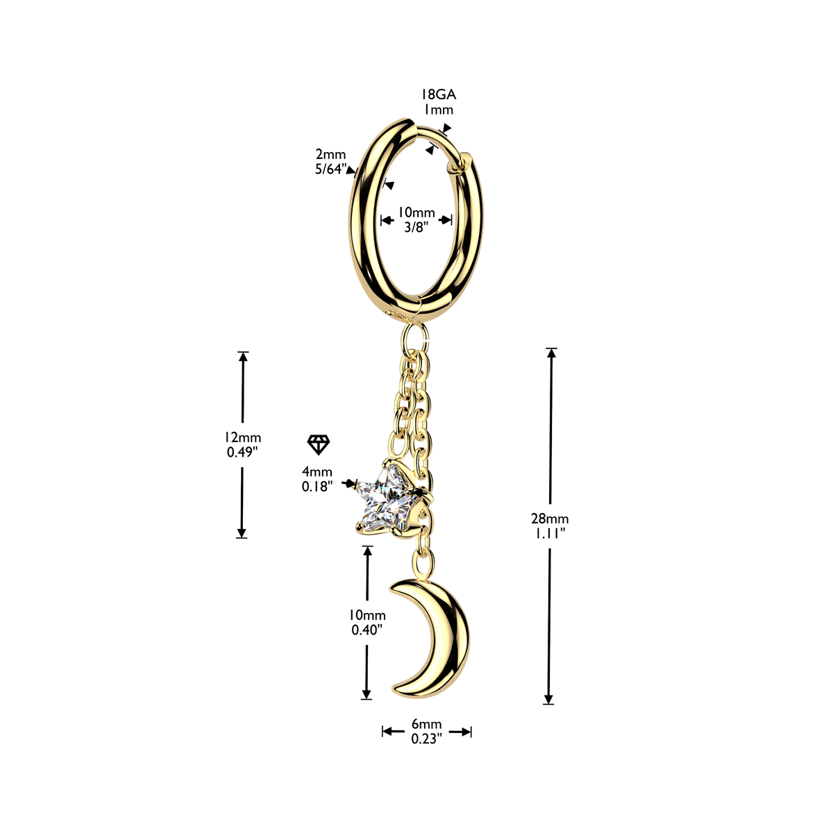 316L Pair of Huggie Hoop Earrings With Moon and CZ Star Chain Dangle