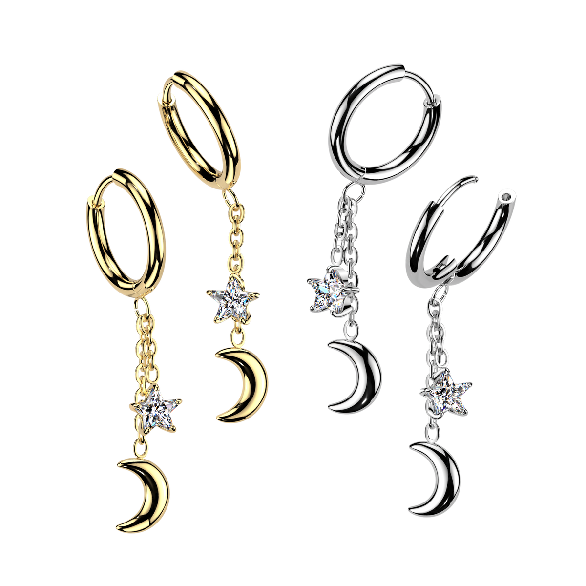 316L Pair of Huggie Hoop Earrings With Moon and CZ Star Chain Dangle