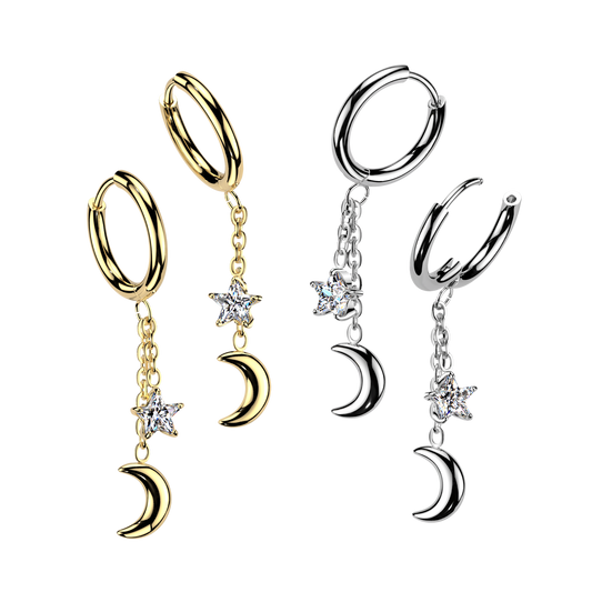 316L Pair of Huggie Hoop Earrings With Moon and CZ Star Chain Dangle