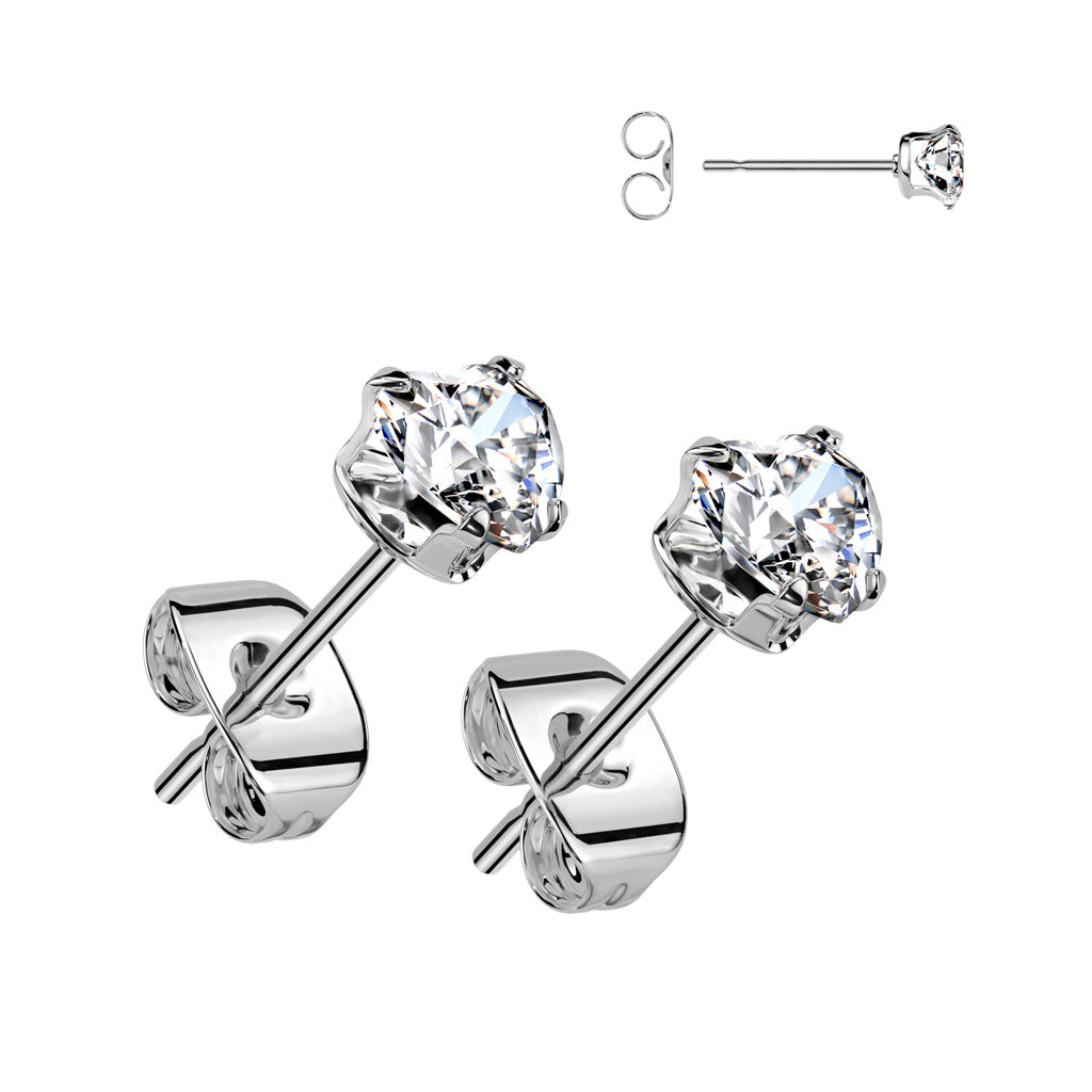 316L Surgical Steel Heart Cubic Zirconia Stud Earrings – Prong Set Hypoallergenic Piercing Jewellery - Pic&Mix The Body Jewellery Shop