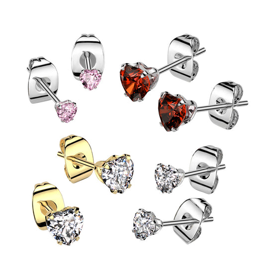 316L Surgical Steel Heart Cubic Zirconia Stud Earrings – Prong Set Hypoallergenic Piercing Jewellery - Pic&Mix The Body Jewellery Shop