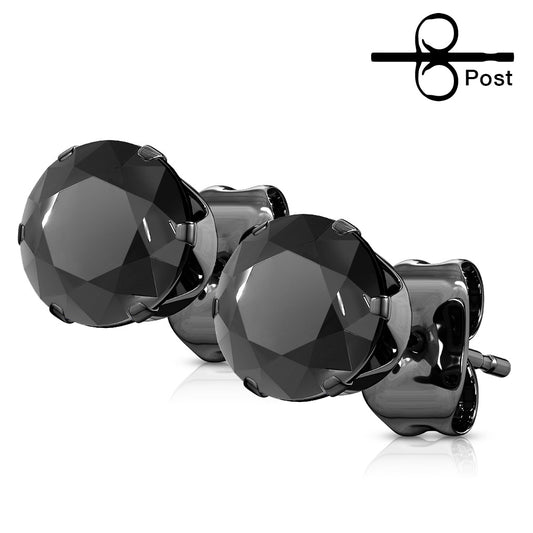 Black IP Plated 316L Surgical Stainless Steel Black CZ Stud Earrings – Round Cubic Zirconia (Pair) - Pic&Mix The Body Jewellery Shop