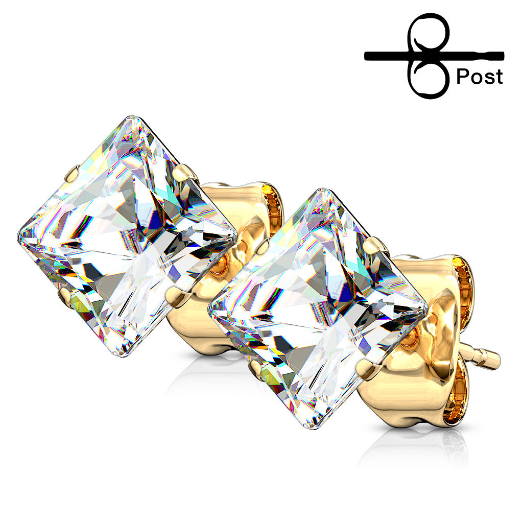 316L Surgical Steel Multi-Faceted Square Grid Gem Stud Earrings – Black, Gold Plate & HP Finish - Pic&Mix The Body Jewellery Shop